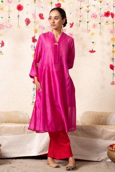 Buy_Marche_Pink Kurta  Chanderi, Pant  Cotton V Neck A-line And Set _Online_at_Aza_Fashions