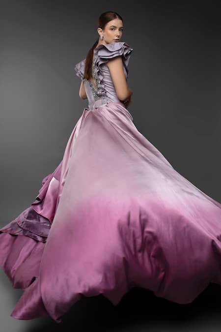 Buy_Anjum Qureshi_Pink Satin Hand Embroidered Beads Plunge Neck Asymmetrical Gown _Online_at_Aza_Fashions