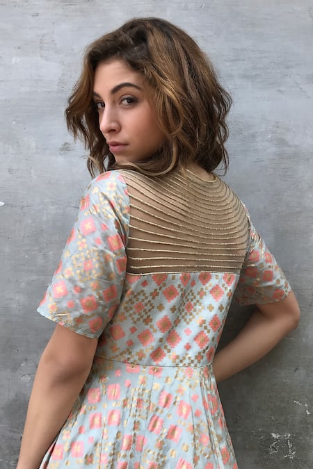 Buy_I Am Design_Green Silk Ikat Print Round Gown _Online_at_Aza_Fashions