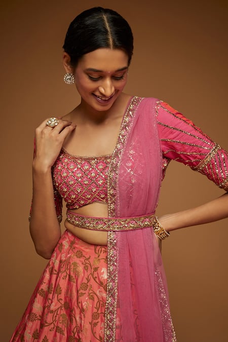 Buy_Neeta Lulla_Pink Brocade And Tulle Cutdana, Pearl, Sequin & Resham Shaded Bridal Lehenga Set_Online_at_Aza_Fashions