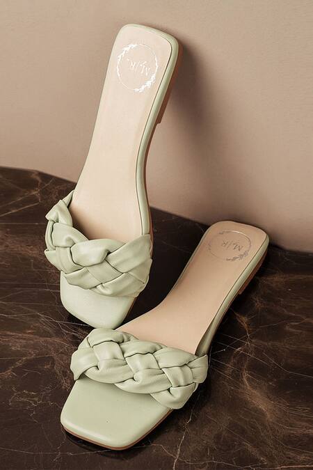 Buy_Myra_Green Plain Leather Twisted Braid Flats_Online_at_Aza_Fashions