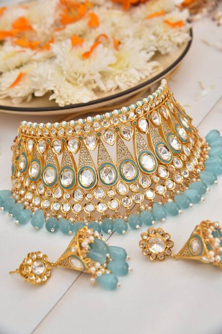Buy_Swabhimann_Blue Beads Polki Embellished Layered Choker Set _Online_at_Aza_Fashions