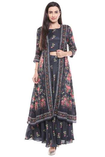 Buy_Soup By Sougat Paul_Blue Cotton Silk Round Printed Jacket Skirt Set _Online_at_Aza_Fashions