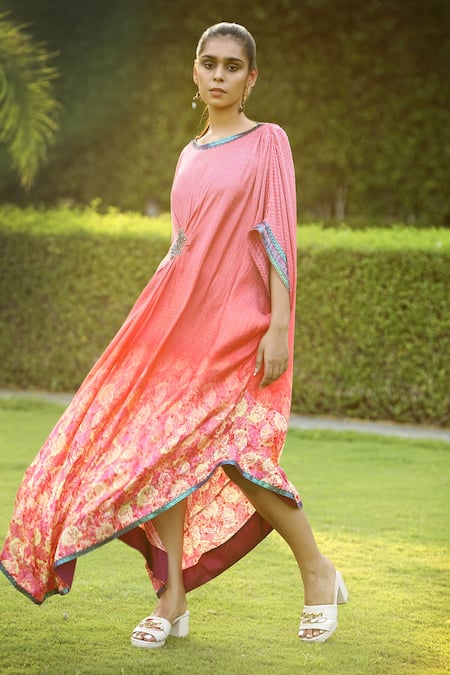 Buy_Shilpi Gupta_Coral Modal Satin Floral, Boota Patch V Neck Print Kaftan Tunic_Online_at_Aza_Fashions