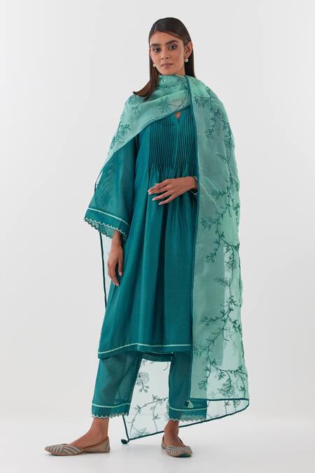 Buy Amisha Kothari Blue Chanderi , Organza Embroidery V-neck V Kurta Set Online at Aza Fashions Buy_Amisha Kothari_Blue Chanderi , Organza Embroidery V-neck V Kurta Set _Online_at_Aza_Fashions