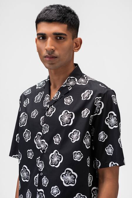 Buy_Genes Lecoanet Hemant_Black Cotton Cuban Collar 3d Floral Print Shirt_Online_at_Aza_Fashions