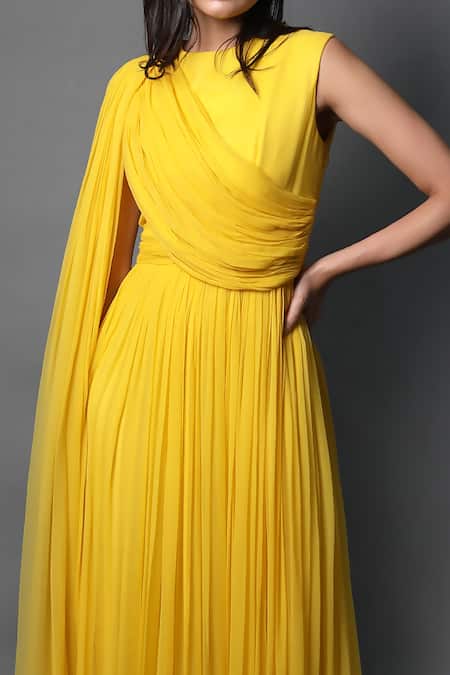 Buy Swatee Singh Yellow Georgette Round Neck Bias Pleated Gown Online at Aza Fashions Buy_Swatee Singh_Yellow Georgette Round Neck Bias Pleated Gown _Online_at_Aza_Fashions