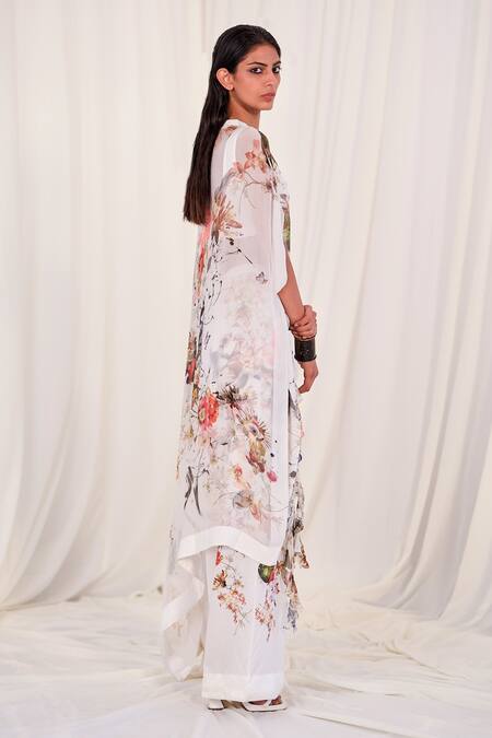 Buy AK-OK White Silk Embroidery Round Neck Top And Trouser Set With Floral Print Kaftan Online at Aza Fashions Buy_AK-OK_White Silk Embroidery Round Neck Top And Trouser Set With Floral Print Kaftan _Online_at_Aza_Fashions