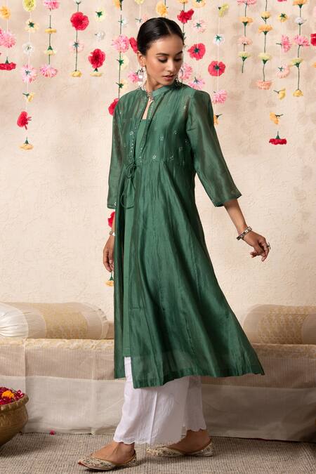 Buy Marche Emerald Green Cape Chanderi, Inner And Pant Cotton Round Paneled & Set Online at Aza Fashions Buy_Marche_Emerald Green Cape Chanderi, Inner And Pant Cotton Round Paneled & Set _Online_at_Aza_Fashions