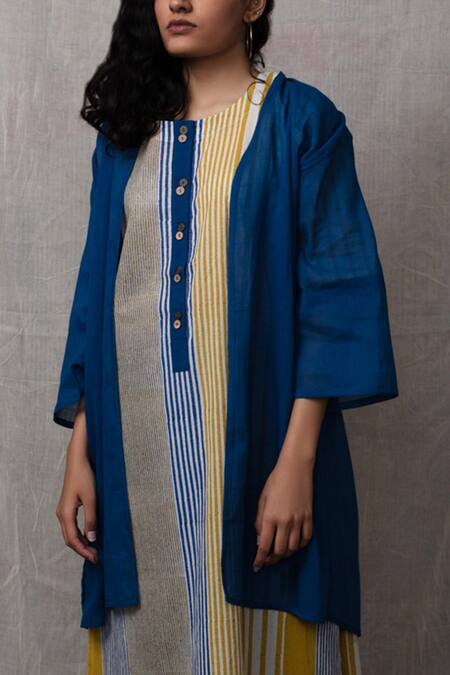 Banana Labs Blue Cotton Stripe Round Printed Straight Kurta Set With Shrug Online at Aza Fashions Banana Labs_Blue Cotton Stripe Round Printed Straight Kurta Set With Shrug _Online_at_Aza_Fashions