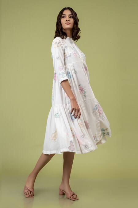 Doodlage White Cotton Embroidery Round Neck Seville Abstract Front-open Dress Online at Aza Fashions Doodlage_White Cotton Embroidery Round Neck Seville Abstract Front-open Dress _Online_at_Aza_Fashions