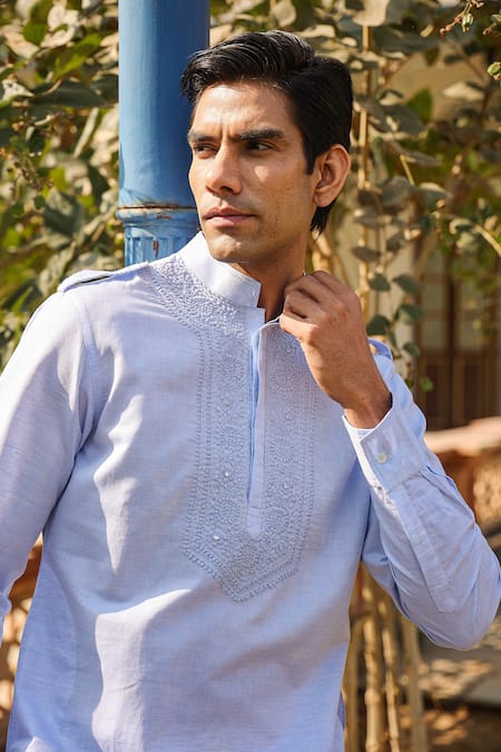 Buy_Raw & Rustic By Niti Bothra_Blue Silk Embroidery Lucknowi Kurta _Online_at_Aza_Fashions