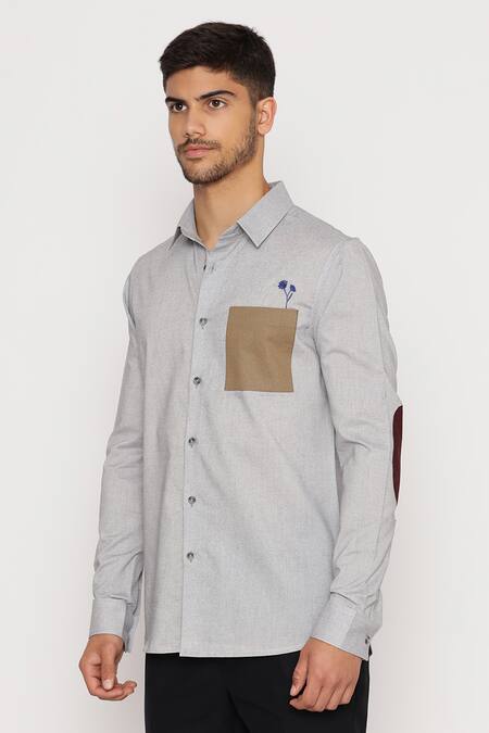Buy_Lacquer Embassy_Grey Cotton Embroidery Plowden Textured Shirt _Online_at_Aza_Fashions