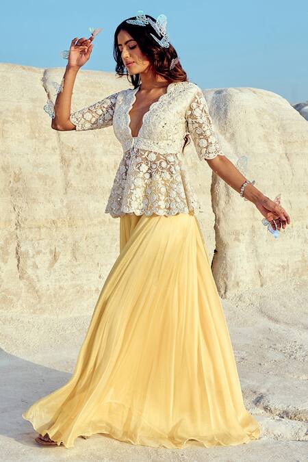 Buy_Nikita Vishakha_White Organza, Net Metallic Thread, Embroidery, Zari Peplum Blouse And Sharara Set _Online_at_Aza_Fashions