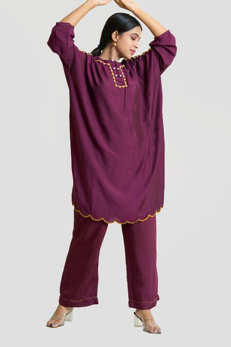 Brij_Wine Silk Applique Round Neck Box Fit Tunic And Pant Set _Online_at_Aza_Fashions