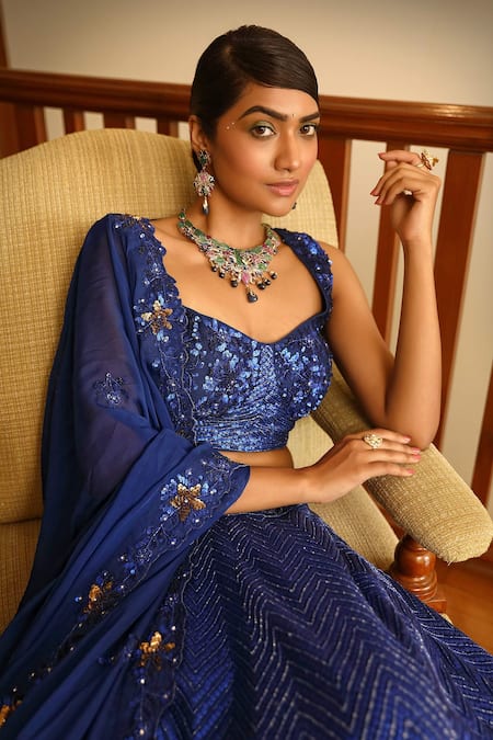 Buy_Miku Kumar_Blue Silk, Satin, Organza Sequins, Hand Chevron Pattern Bridal Lehenga Set _Online_at_Aza_Fashions