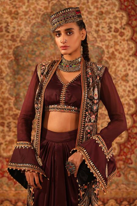Buy_Aditi Gupta_Wine Satin Woven And Embroidered Jamawar Pattern Kashida Draped Skirt Set _Online_at_Aza_Fashions