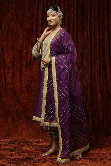 Buy Shikhar Sharma Purple Silk Chanderi Embroidered Pearl Round Neck Kurta Pant Set Online at Aza Fashions Buy_Shikhar Sharma_Purple Silk Chanderi Embroidered Pearl Round Neck Kurta Pant Set _Online_at_Aza_Fashions