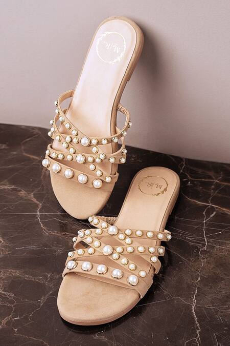 Buy_Myra_Beige Pearl Embellished Velvet Flats_Online_at_Aza_Fashions