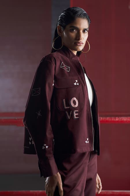 Buy_Pocketful Of Cherrie_Purple Cotton Embroidery Mandarin Collar Hand Bomber Jacket And Jogger Set_Online_at_Aza_Fashions