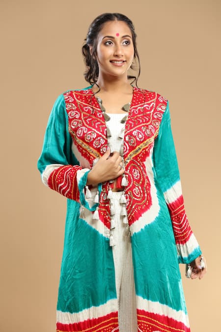 Buy_Etasha by Asha Jain_Red Gajji Silk Embellished Bandhani Jacket Front Open And Palazzo Set _Online_at_Aza_Fashions