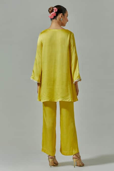 Buy_House Of TA-YA_Yellow Modal, Net, Satin Cut Work, Beads, Embroidered Kurta Straight Pant Set _Online_at_Aza_Fashions
