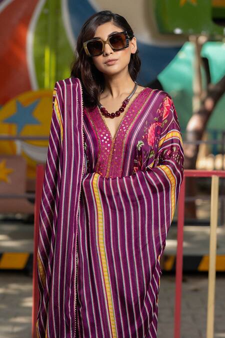 Buy_Irrau by Samir Mantri_Multi Color Chiffon, Crepe Beads, Sequins V-neck Floral Stripe Print Kaftan _Online_at_Aza_Fashions
