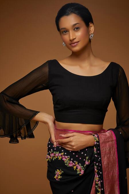 Neeta Lulla_Black Georgette Cutdana, Flower Round Neck Camila Embroidered Saree With Blouse_Online_at_Aza_Fashions