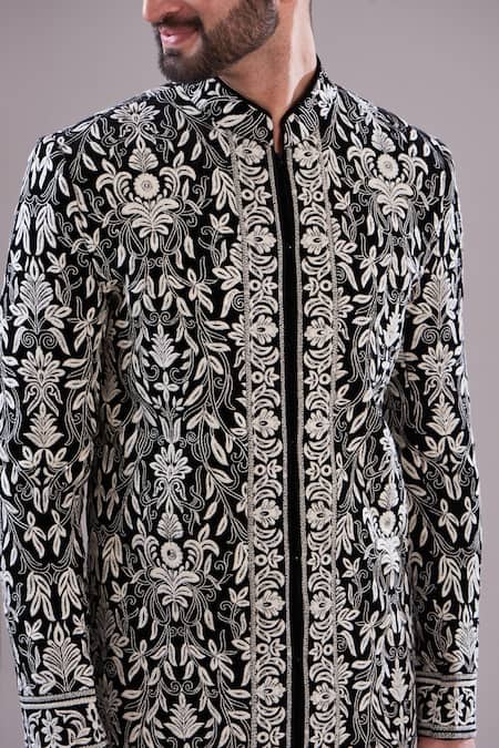 Buy_Kasbah_Black Velvet, Cotton Embroidery Thread Sherwani _Online_at_Aza_Fashions