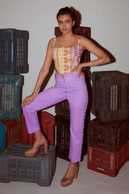 Buy_Nirmooha_Purple Denim Rivet Detail Pant _Online_at_Aza_Fashions