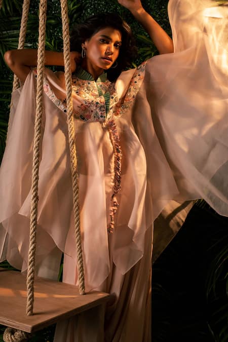 Buy Pallavi Poddar Pink Organza, Crepe Daffodil Floral Embroidered Cape And Pant Set Online at Aza Fashions Buy_Pallavi Poddar_Pink Organza, Crepe Daffodil Floral Embroidered Cape And Pant Set _Online_at_Aza_Fashions