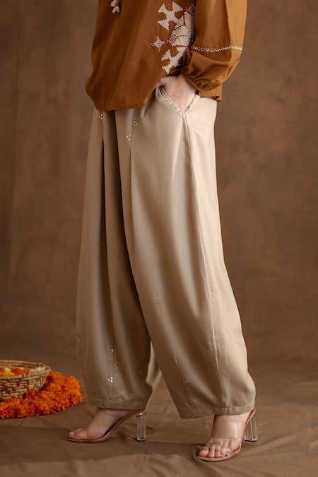 Buy_Nikasha_Beige Rayon Embroidery Placement Baggy Pant _Online_at_Aza_Fashions