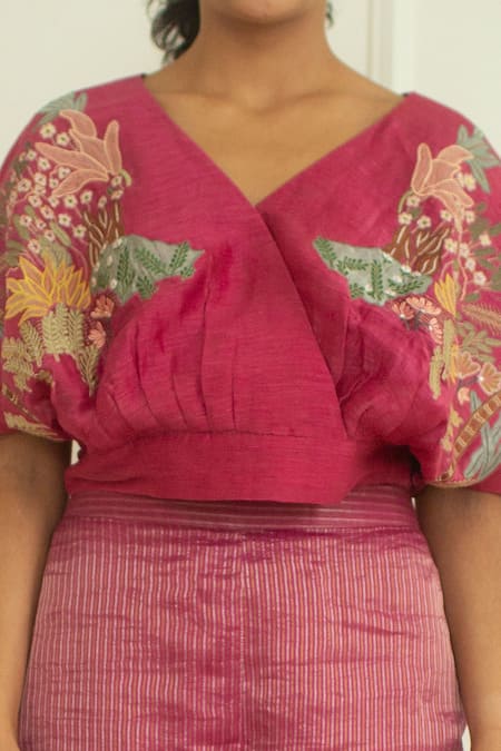 Buy_Oja_Pink Crop Top  Linen , Pant  Embroidered And Set _Online_at_Aza_Fashions