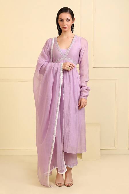 Shop_Neha Khullar_Purple Silk, Cotton, Embroidery Neckline Kurta Pant Set _Online_at_Aza_Fashions