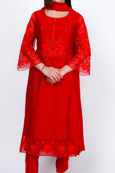 Buy_Geetika Jain_Red Organza, Cut Work, Sequins, Embroidery Round Resham Kurta Set _Online_at_Aza_Fashions