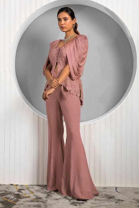 Buy Jade By Ashima Brown Crepe Embroidery Chrysanthemum Floral Jacket And Bell Bottoms Pant Set Online at Aza Fashions Buy_Jade By Ashima_Brown Crepe Embroidery Chrysanthemum Floral Jacket And Bell Bottoms Pant Set _Online_at_Aza_Fashions