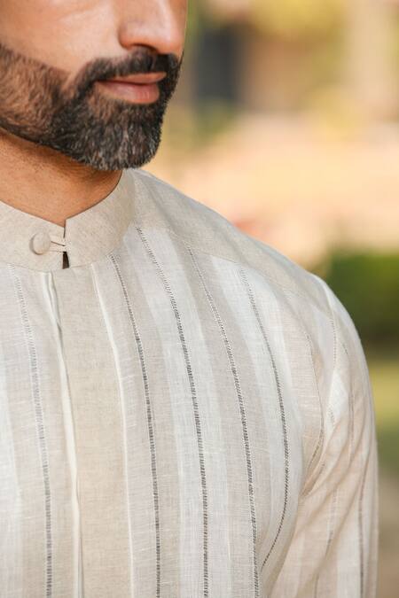 Buy_Raw & Rustic By Niti Bothra_Beige 60 Lea, European Flax Certified Pure Linen Striped Short Kurta_Online_at_Aza_Fashions
