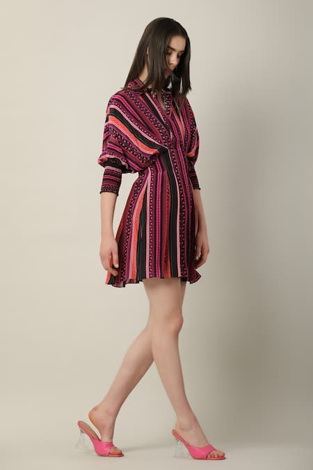 Limerick By Abirr N' Nanki Multi Color Crepe Mandarin Collar Laurel Stripe Print Dress Online at Aza Fashions Limerick By Abirr N' Nanki_Multi Color Crepe Mandarin Collar Laurel Stripe Print Dress _Online_at_Aza_Fashions