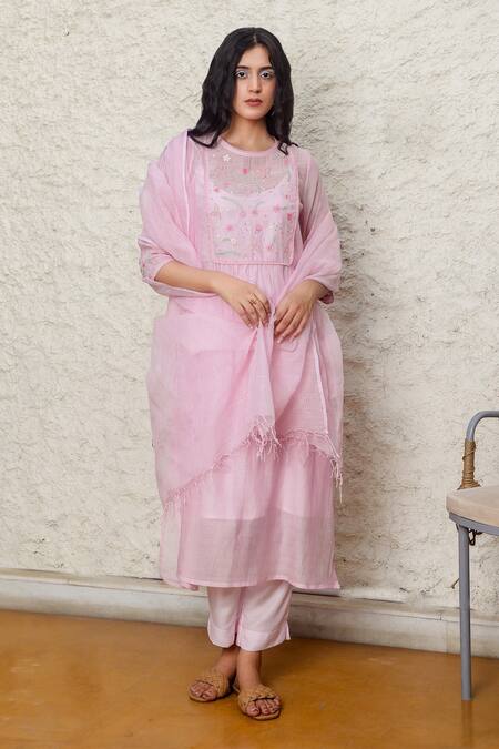 Buy_Tatwa_Pink Handloom Cotton, Viscose, Silk Embroidery Round Neck Yoke Kurta And Pant Set _Online_at_Aza_Fashions