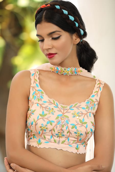 Buy_Tarini Vij_Peach Blouse Satin, Lehenga And Dupatta - Silk Organza Flower Embroidered & Set _Online_at_Aza_Fashions