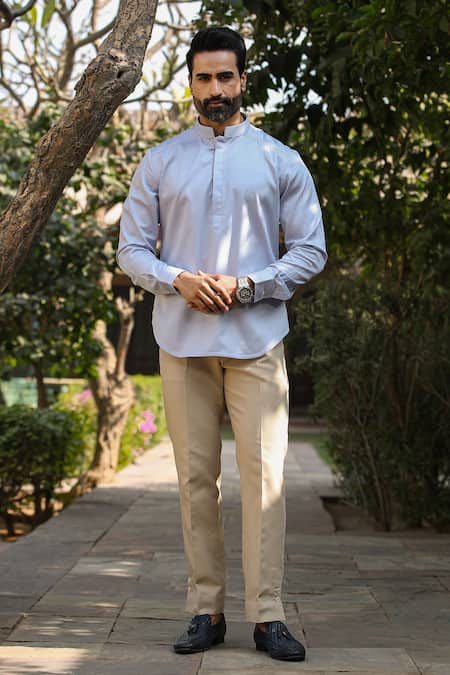 Buy_Raw & Rustic By Niti Bothra_Blue Cotton Embroidery Full Sleeve Kurta Shirt _Online_at_Aza_Fashions