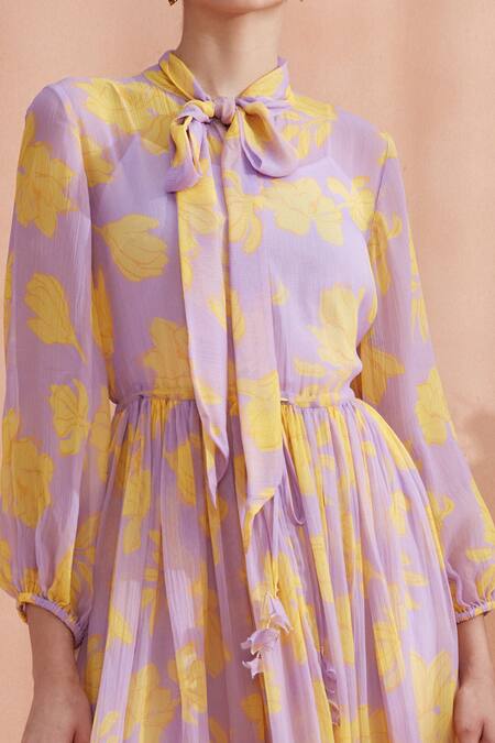 Buy_Label Deepika Nagpal_Purple Chiffon, Viscose Kylie Floral Print Midi Dress_Online_at_Aza_Fashions