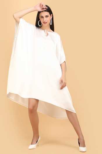 Buy_Label Ivish_Off White Silk, Velvet Keyhole Neck Front Tie-up Asymmetric Kaftan _Online_at_Aza_Fashions