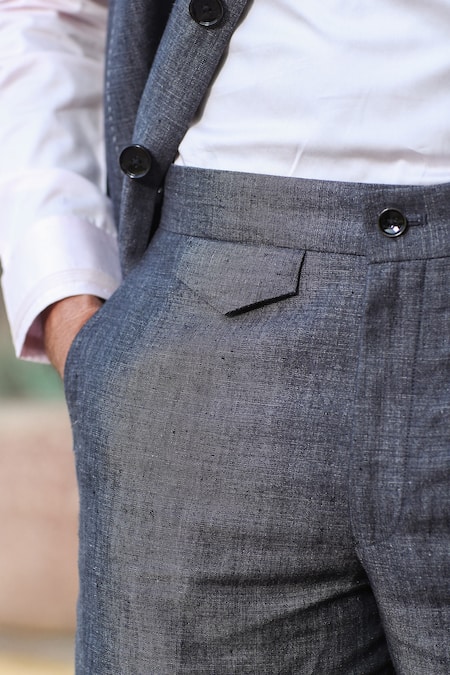 Buy_Raw & Rustic By Niti Bothra_Grey Linen Handcrafted Solid Straight Pant _Online_at_Aza_Fashions