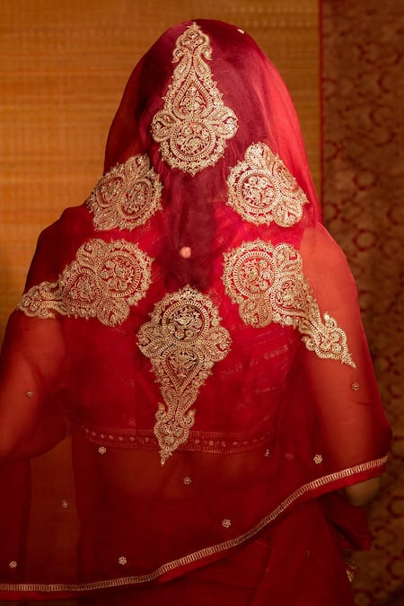 Buy_Deep Thee_Red Silk, Organza Embroidery Plunge Neck Sita Hand Palla Saree With Blouse _Online_at_Aza_Fashions