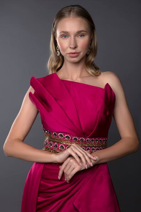 Buy_Anjum Qureshi_Fuchsia Satin Hand Embroidered Thread Tube Neck Structured Cowl Gown _Online_at_Aza_Fashions