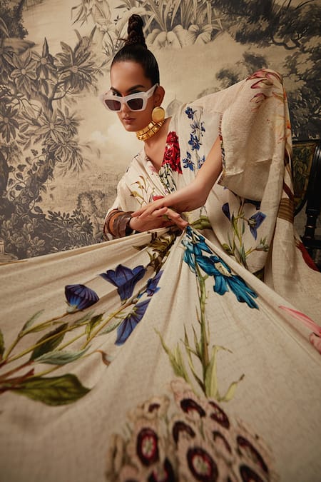 Buy_Kalista_Ivory Crepe Beads V-neck Lauren Botanical Pattern Kaftan _Online_at_Aza_Fashions