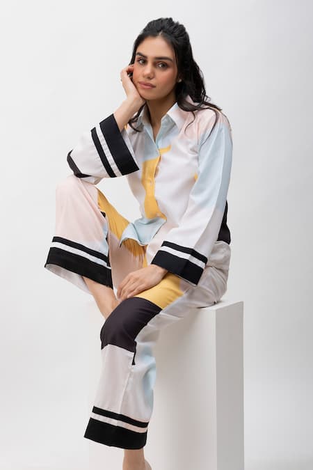 Buy Dawn And Dusk Multi Color Cotton Collared Amber Printed Shirt And Pyjama Set Online at Aza Fashions Buy_Dawn And Dusk_Multi Color Cotton Collared Amber Printed Shirt And Pyjama Set_Online_at_Aza_Fashions