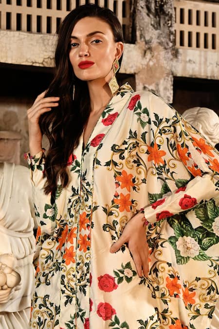 Buy_Sanam_Ivory Organza Tassels Collared Katherine Floral Pattern Kaftan With Pant _Online_at_Aza_Fashions