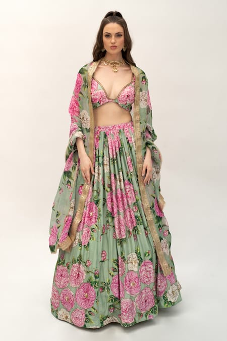 Shop_Sanam_Green Silk, Organza Sequins, Nicolette Floral Pattern Flared Lehenga Set _Online_at_Aza_Fashions